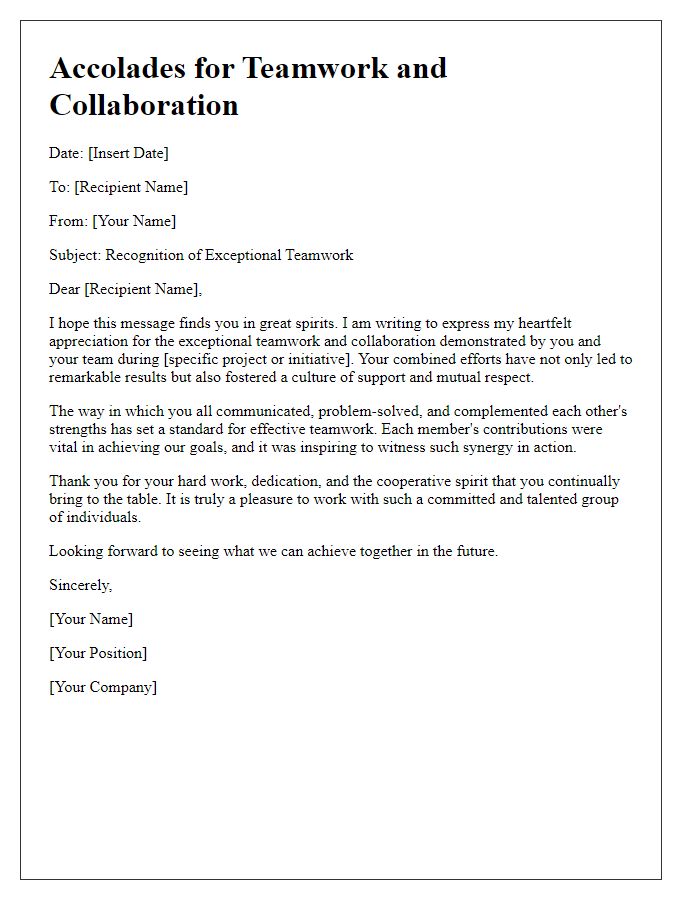 Letter template of accolades for teamwork and collaboration