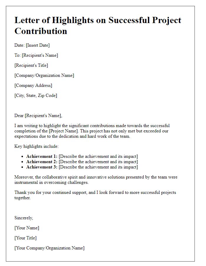 Letter template of highlights on successful project contribution