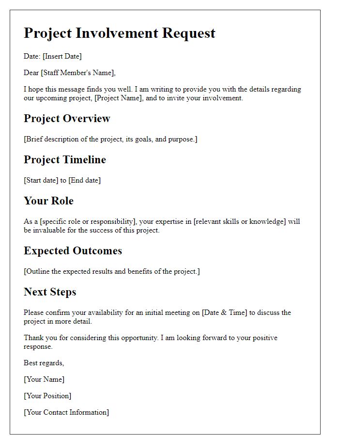 Letter template of project details for staff involvement