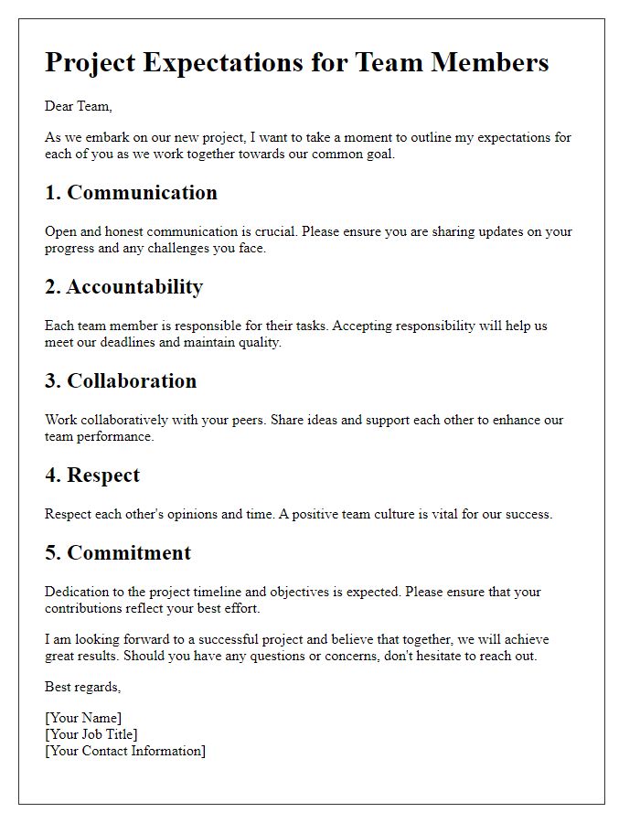 Letter template of project expectations for team members