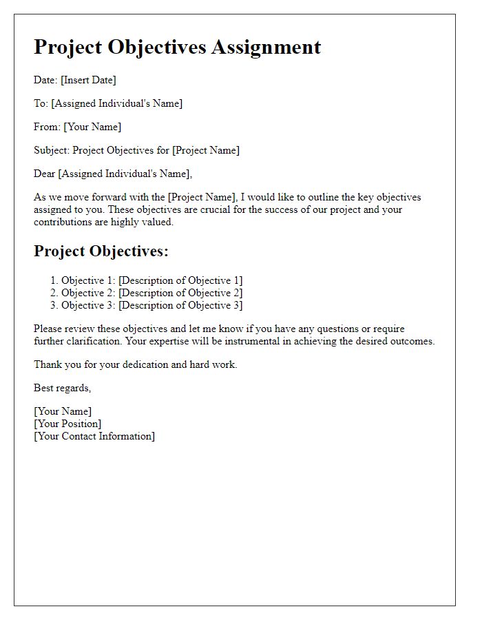 Letter template of project objectives for assigned individuals