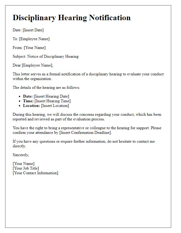 Letter template of disciplinary hearing announcement for staff conduct evaluation