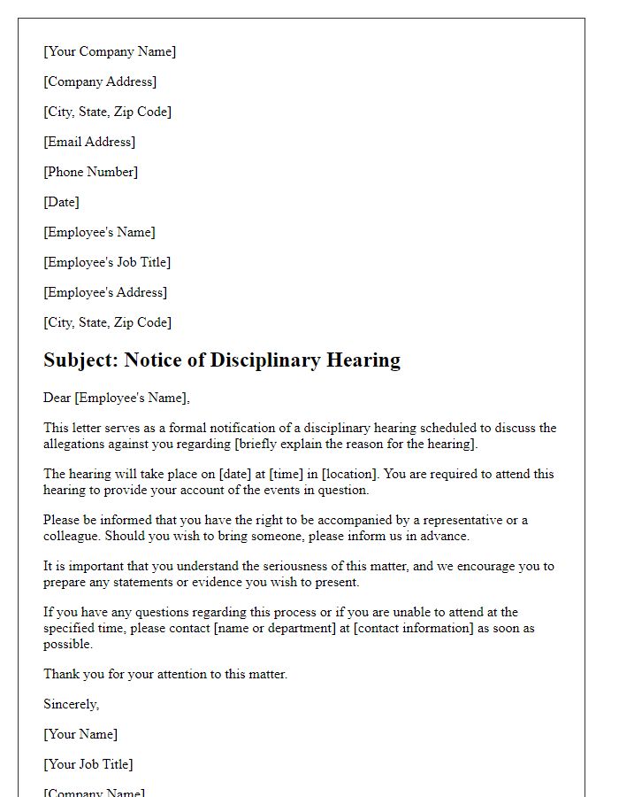 Letter template of disciplinary hearing communication for formal investigation