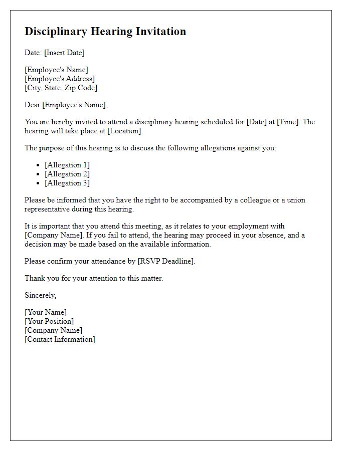 Letter template of disciplinary hearing invitation for HR meeting