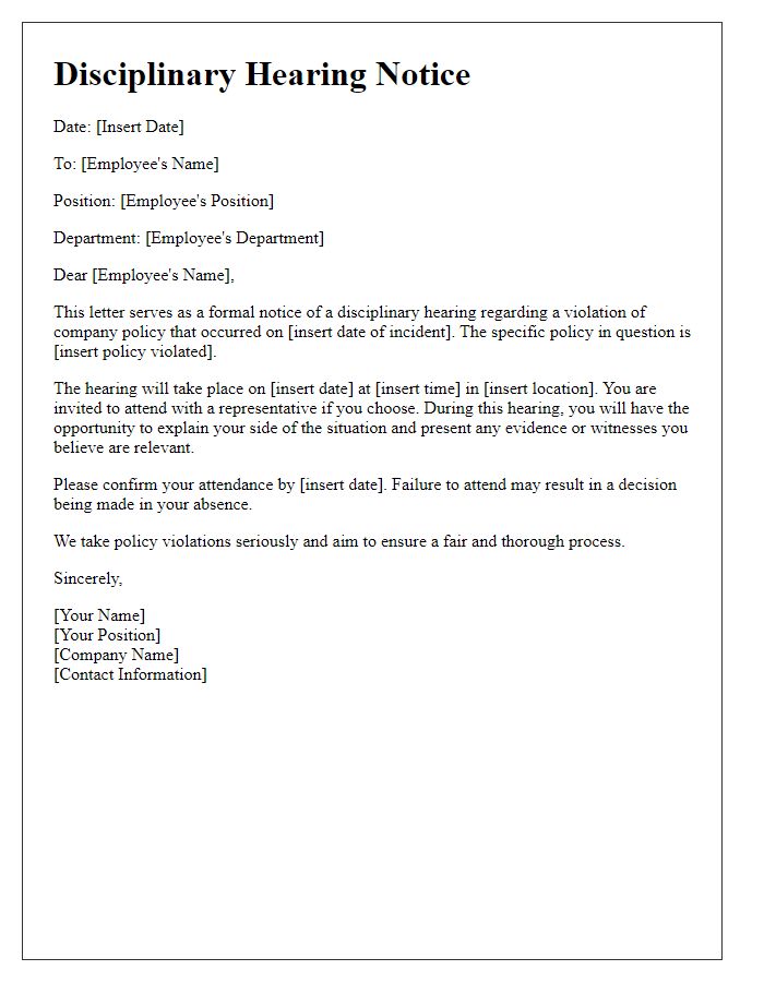 Letter template of disciplinary hearing notice regarding policy violation