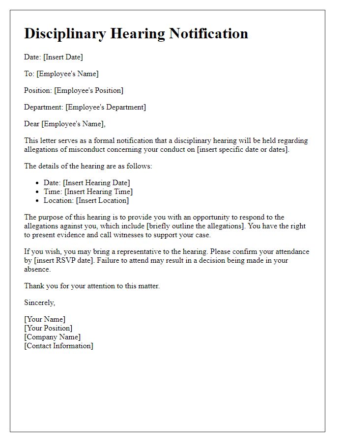 Letter template of disciplinary hearing notification for employee misconduct