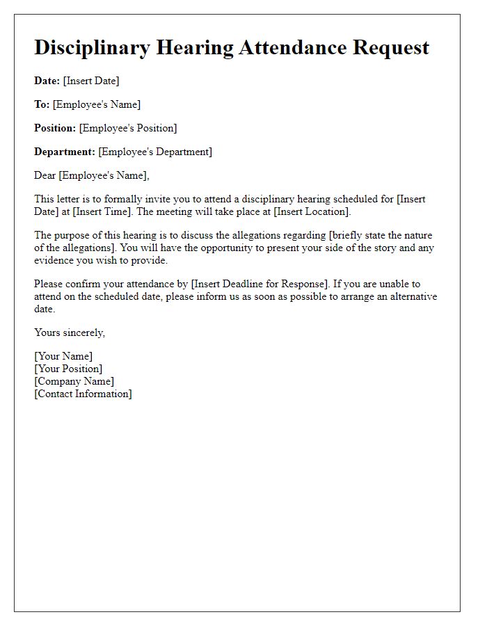 Letter template of disciplinary hearing request for attendance at a meeting