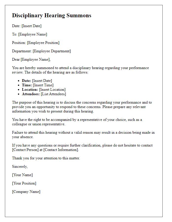 Letter template of disciplinary hearing summons for performance review