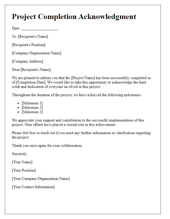 Letter template of project completion acknowledgment