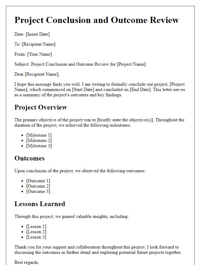 Letter template of project conclusion and outcome review