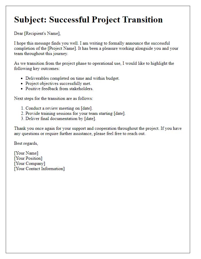 Letter template of successful transition after project completion