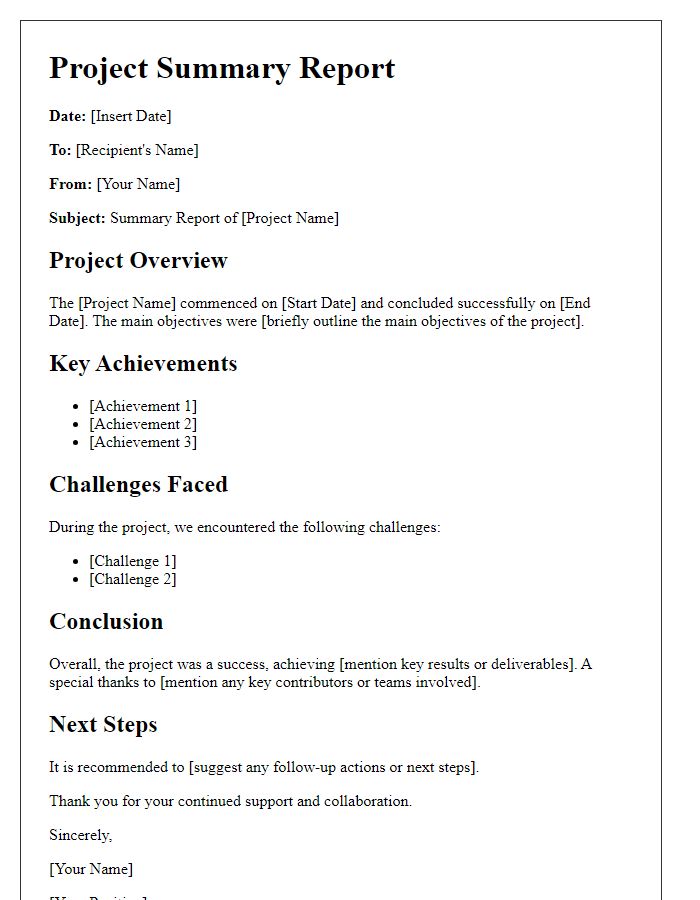 Letter template of summary report for successful project finish