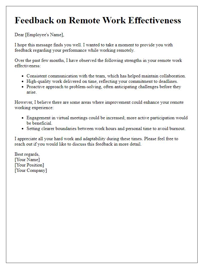 Letter template of feedback on remote work effectiveness