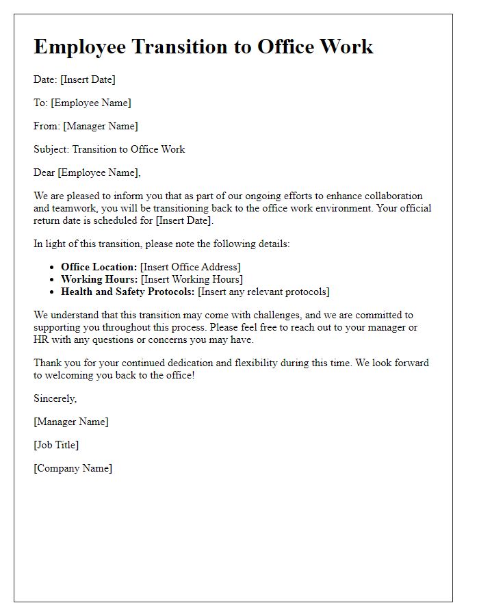 Letter template of Employee Transition to Office Work