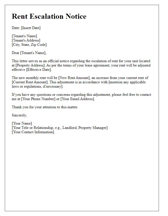 Letter template of rent escalation notice for tenants