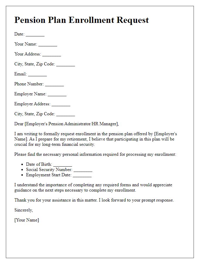 Letter template of pension plan enrollment request for retirement savings