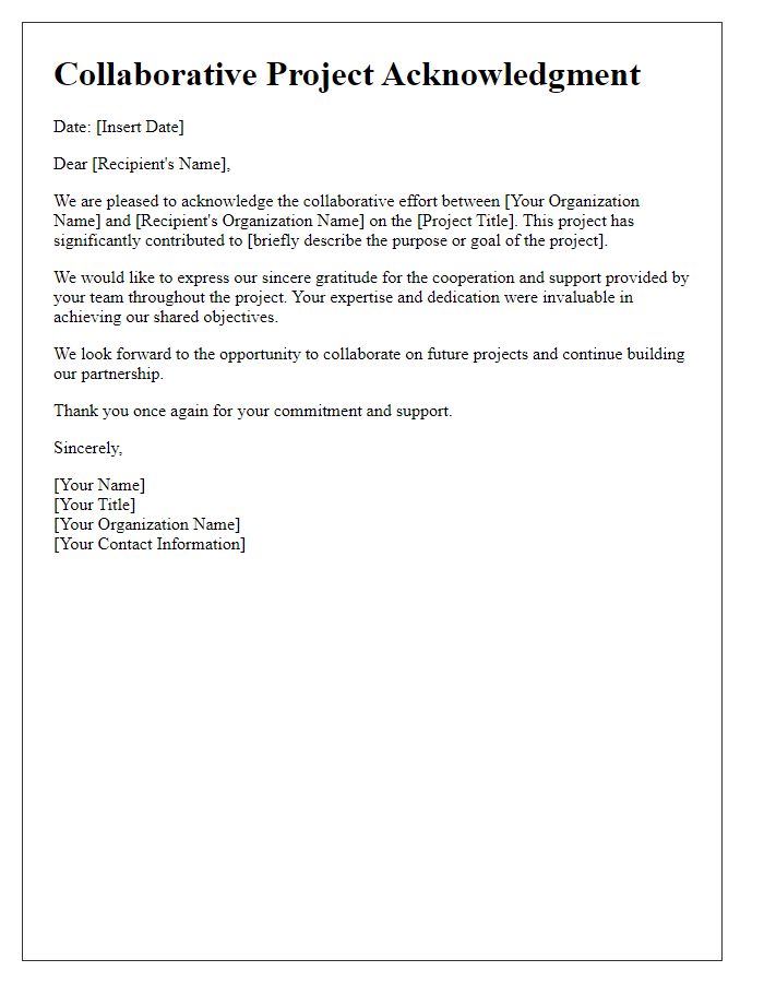 Letter template of collaborative project acknowledgment