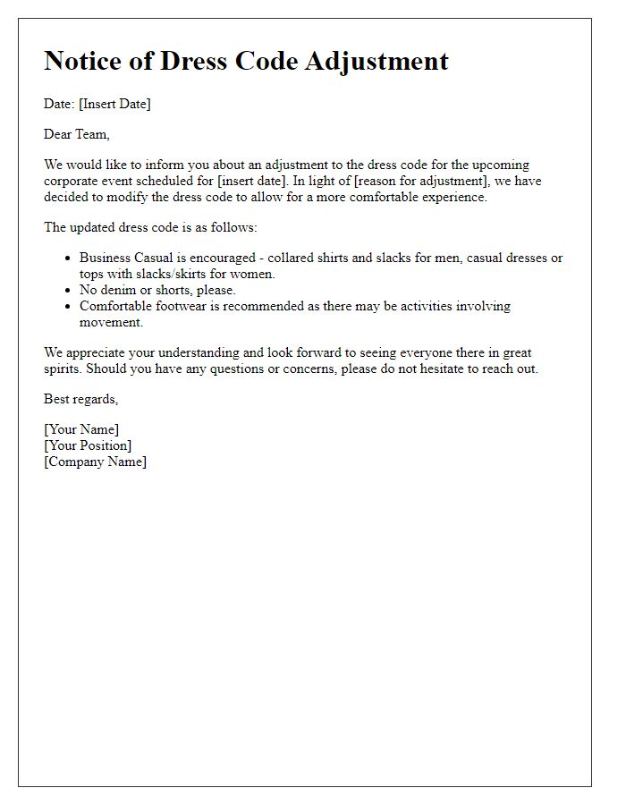 Letter template of dress code adjustments for corporate events.