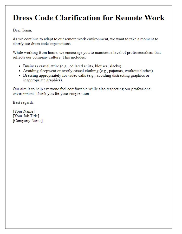 Letter template of dress code clarification for remote work settings.