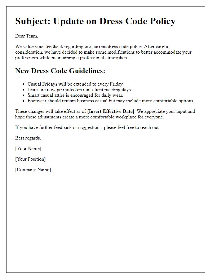 Letter template of dress code modifications in response to employee feedback.