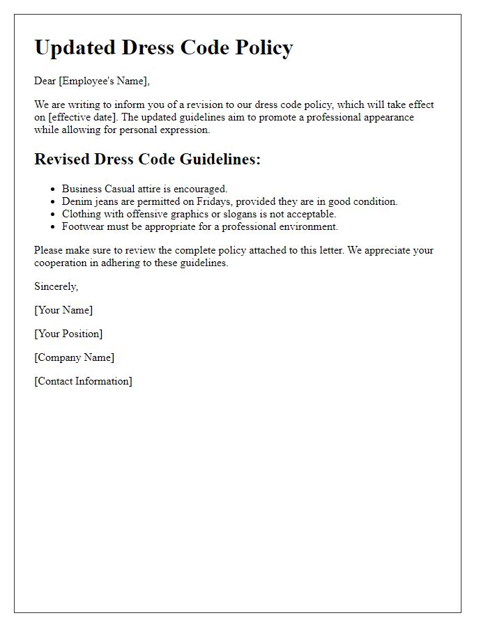 Letter template of dress code policy revision for employees.