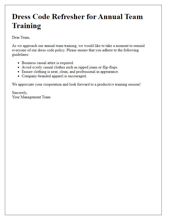 Letter template of dress code refresher for annual team training.