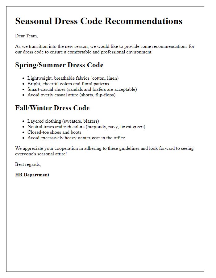 Letter template of seasonal dress code recommendations for staff.