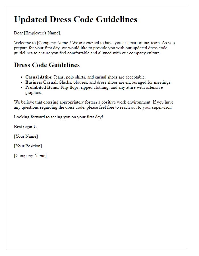 Letter template of updated dress code guidelines for new hires.