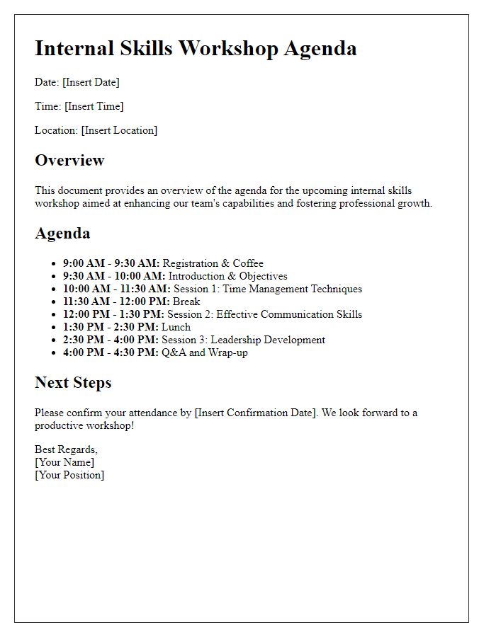 Letter template of agenda overview for internal skills workshop