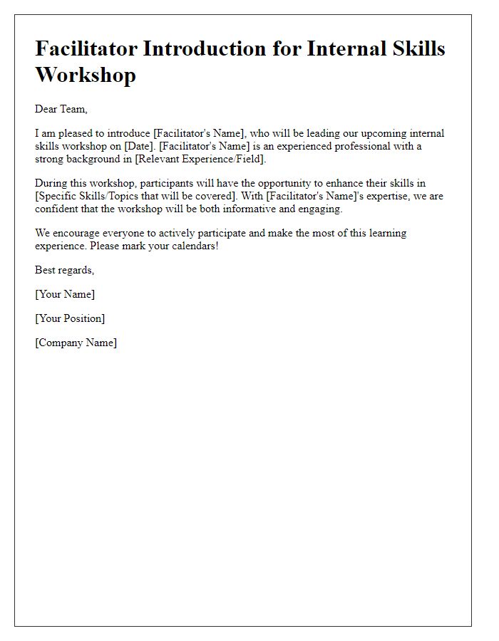 Letter template of facilitator introduction for internal skills workshop