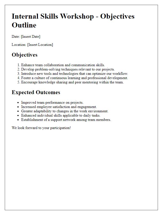 Letter template of objectives outline for internal skills workshop