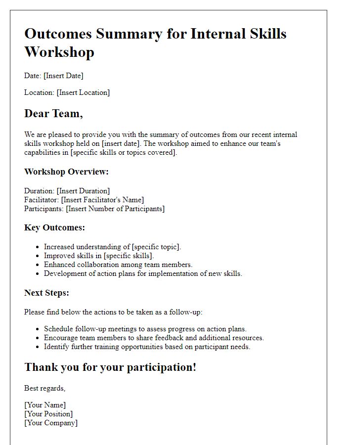 Letter template of outcomes summary for internal skills workshop