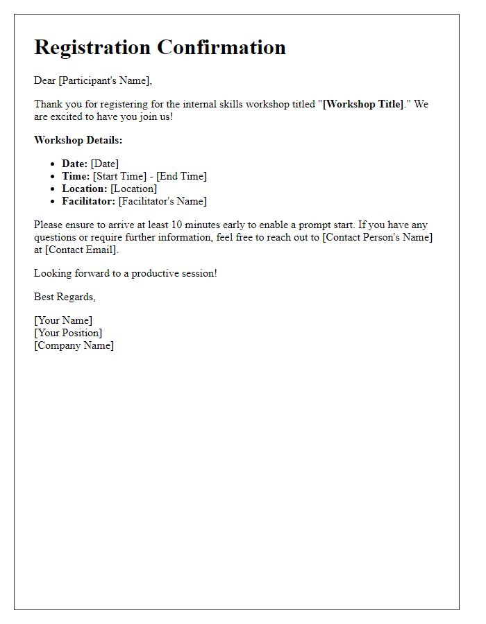 Letter template of registration confirmation for internal skills workshop