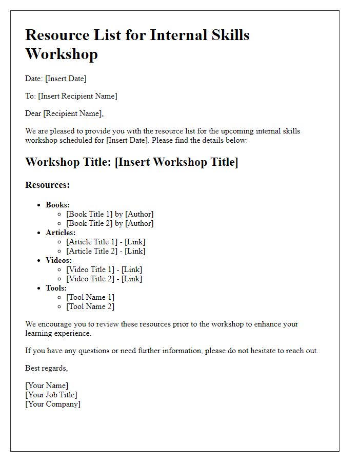 Letter template of resource list for internal skills workshop