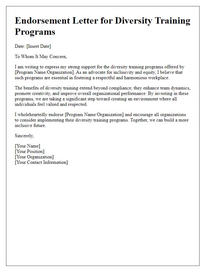 Letter template of endorsement for diversity training programs