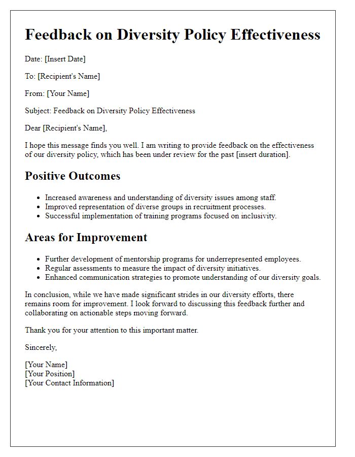 Letter template of feedback on diversity policy effectiveness