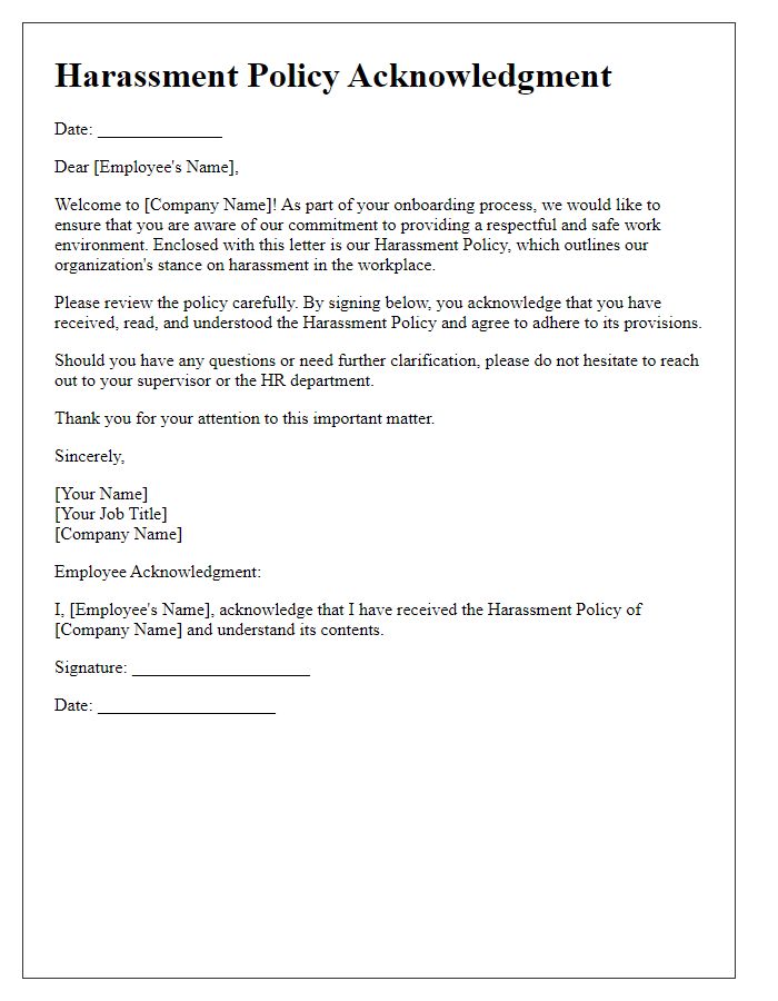 Letter template of harassment policy acknowledgment for new hires