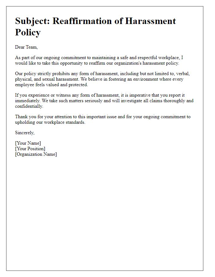 Letter template of harassment policy reaffirmation for leadership communication