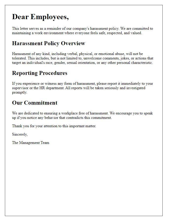 Letter template of harassment policy reminder for employees