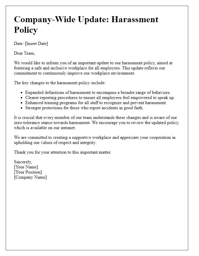 Letter template of harassment policy update for company-wide awareness