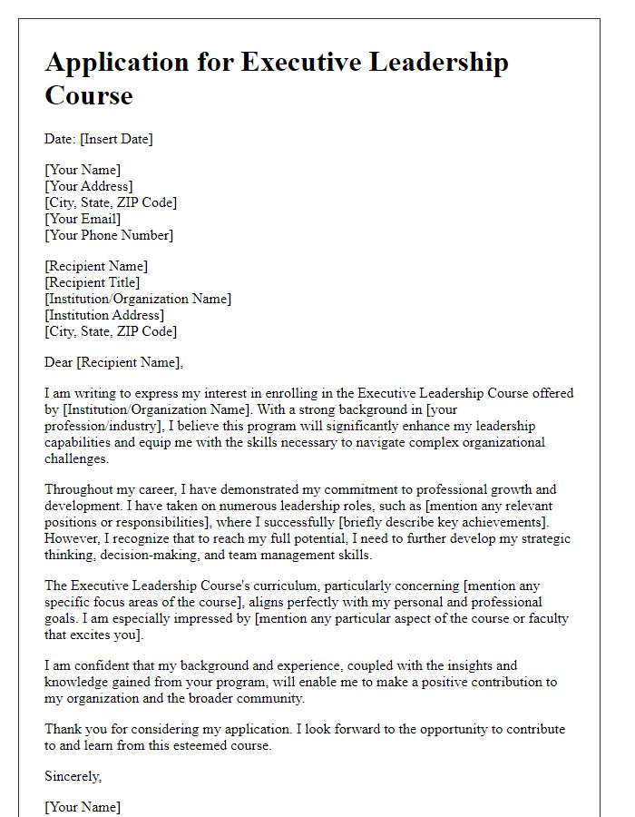 Letter template of Application for Executive Leadership Course