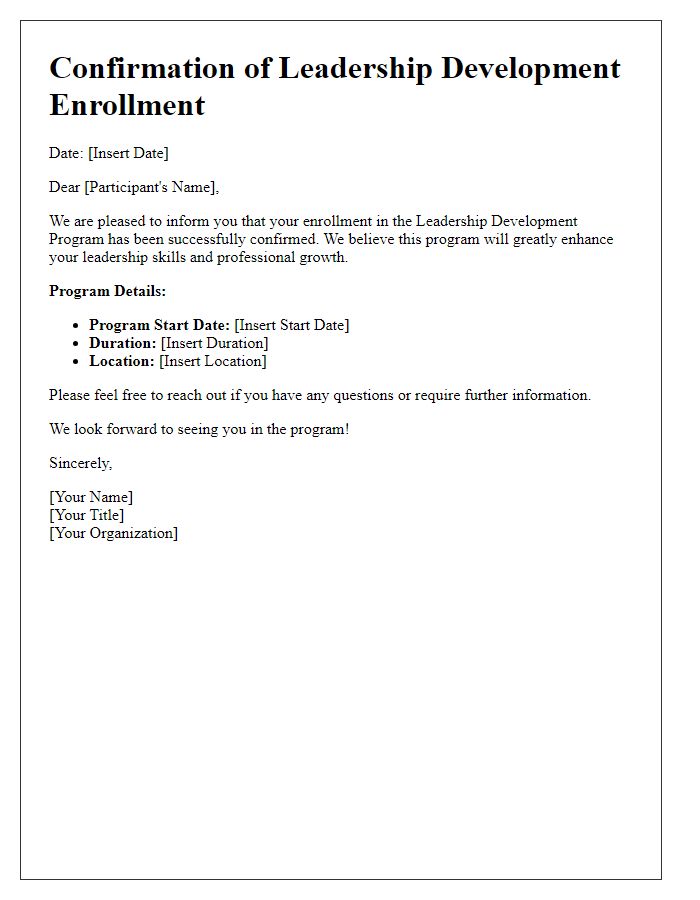 Letter template of Confirmation for Leadership Development Enrollment