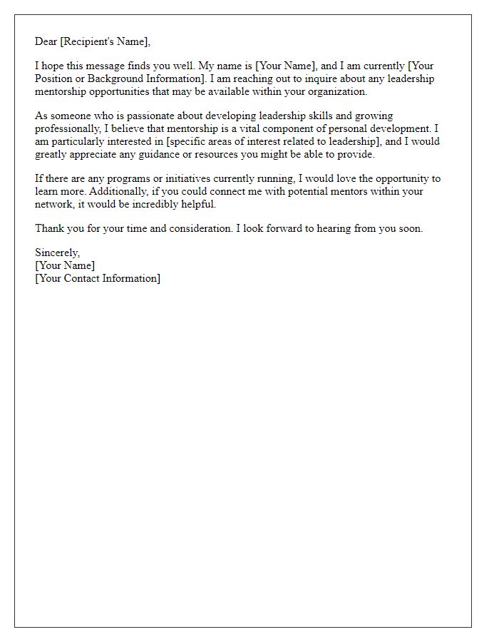 Letter template of Inquiry About Leadership Mentorship Opportunities