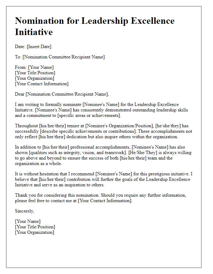 Letter template of Nomination for Leadership Excellence Initiative