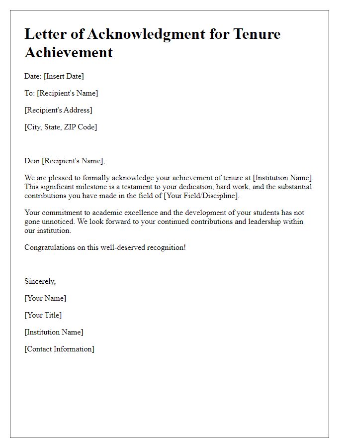 Letter template of acknowledgment for tenure achievement