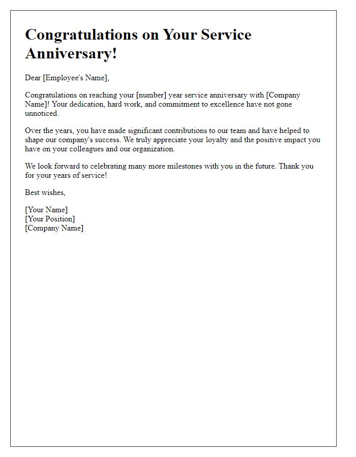 Letter template of congratulations for service anniversary