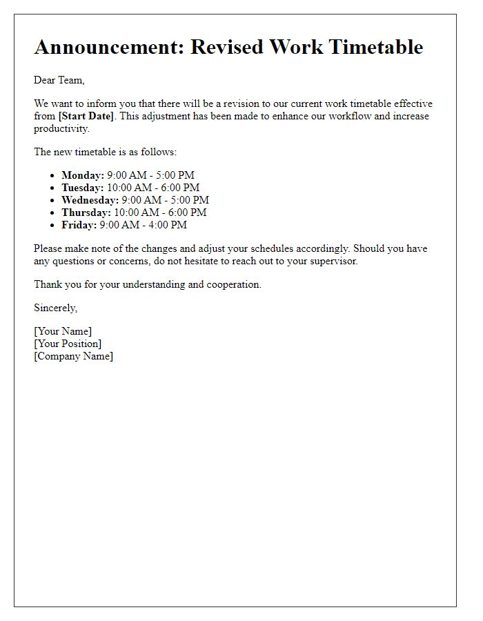 Letter template of announcement for revised work timetable