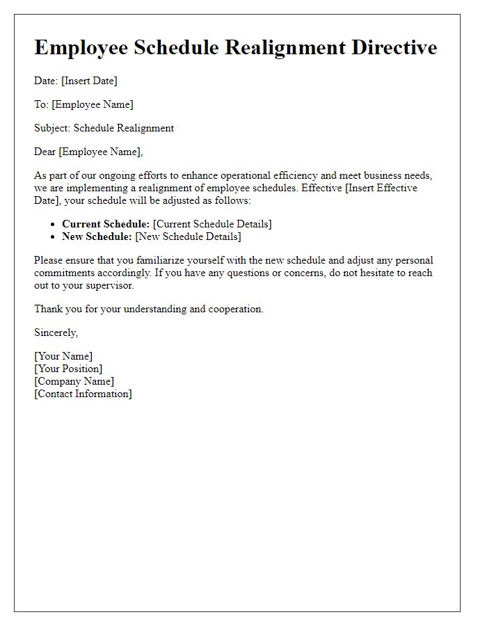 Letter template of directive for employee schedule realignment