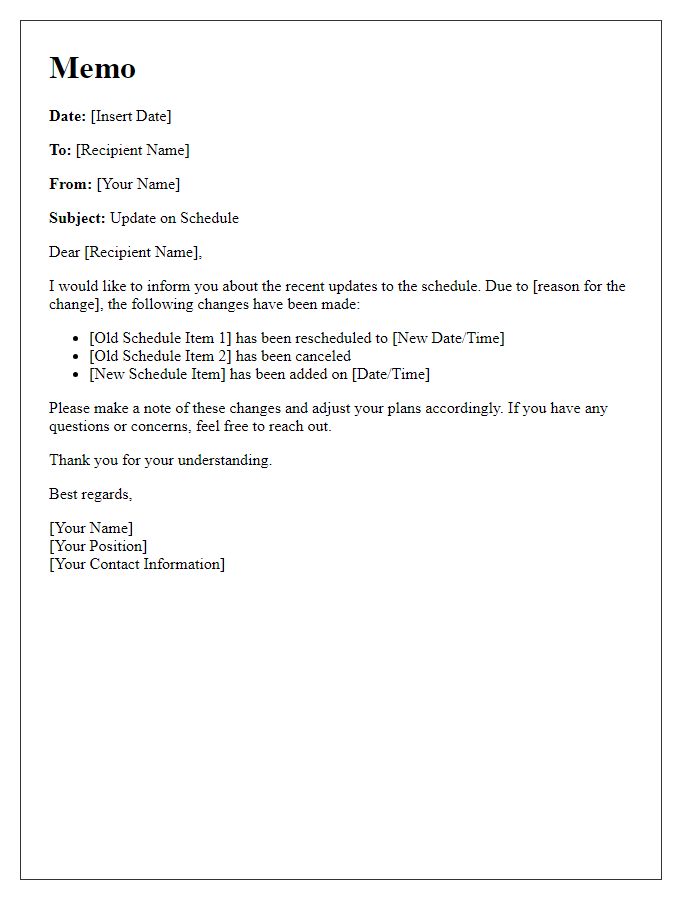 Letter template of memo regarding schedule update