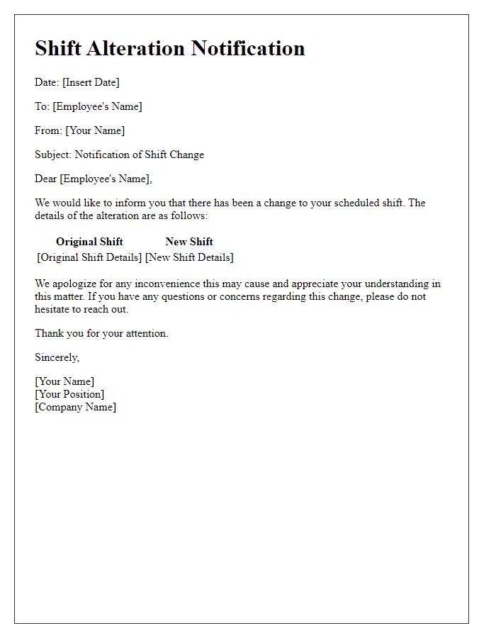 Letter template of notification for shift alteration